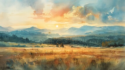 Craft a serene landscape of rolling hills and distant mountains under a pastel-colored sky, using watercolor to evoke a sense of calm and wonder