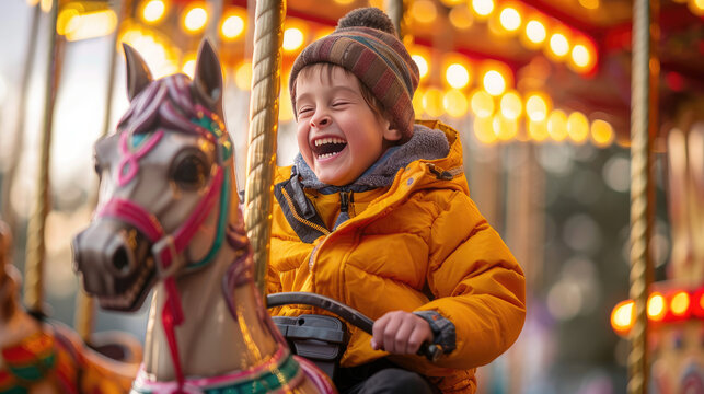 A person with dwarfism joyfully rides a colorful carousel, their laughter filling the amusement park
