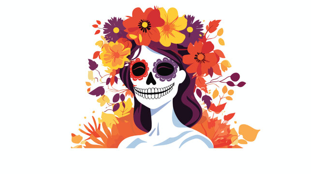 Vector image of the Catrina with flowers 2d flat cartoon
