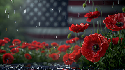 Poppies and American flag, honoring fallen heroes. Memorial Day. Copy space - obrazy, fototapety, plakaty
