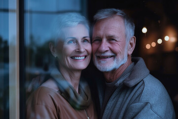 portrait of happy senior couple behind windowpane