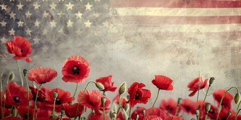 Symbolic red poppies over the American flag for remembrance. Memorial Day. Copy space - obrazy, fototapety, plakaty