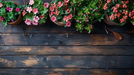 Fototapeta na wymiar Beautiful flower pots and garden tools on wooden background, flat lay with copy space for your text
