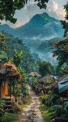 CommunityDriven Eco Travel, highlighting the involvement of travelers in local support and environmental conservation initiatives, emphasizing the sustainable and beneficial outcomes of their journeys - obrazy, fototapety, plakaty