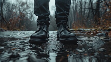 Low section of businessman walking on wet street during rain. Close up of male legs in brown boots
