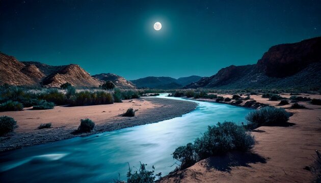 Luminous River Path Illuminating Foggy Desert Night