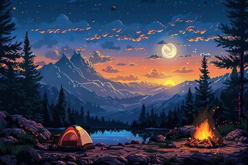 Capture the essence of wilderness camping with a modern twist! Utilize pixel art techniques to craft a vibrant frontal view Incorporate pop art elements and strategically place symbols of financial tr - obrazy, fototapety, plakaty