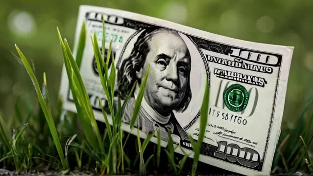 100 dollar bills growing in grass created with generative ai