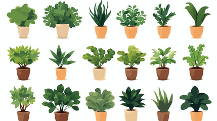 Vector image set of 15 image of bushes in pots with