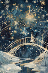 Obraz premium a lone girl by bridge of stars in night, in the style of whimsical animals, light white and light gold