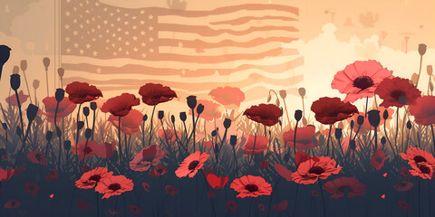 Illustration of poppies and the U.S. flag, symbolizing patriotic memory. Memorial Day. Copy space, banner - obrazy, fototapety, plakaty