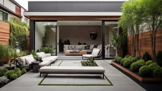 Backyard of modern house with furniture and plants created with generative ai