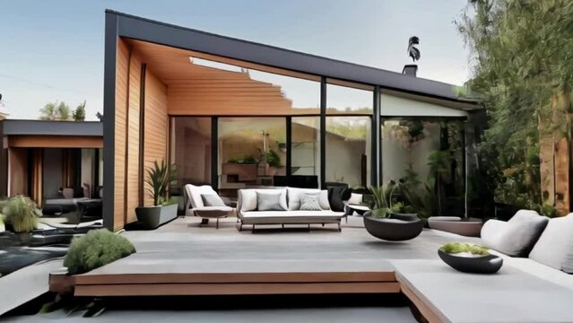 Backyard of modern house with furniture and plants created with generative ai