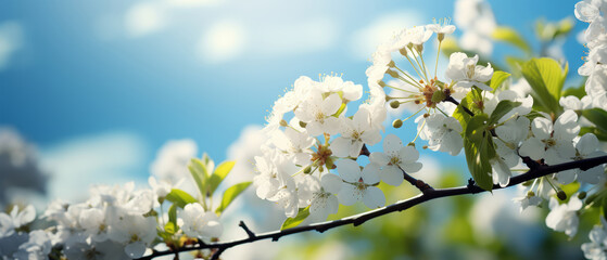 Branch with white petaled flowers and green leaves on nature background with blurred trees, blue sky and clouds. Almond or cherry tree blooming on warm sunny spring day. Blossom months and season. - obrazy, fototapety, plakaty