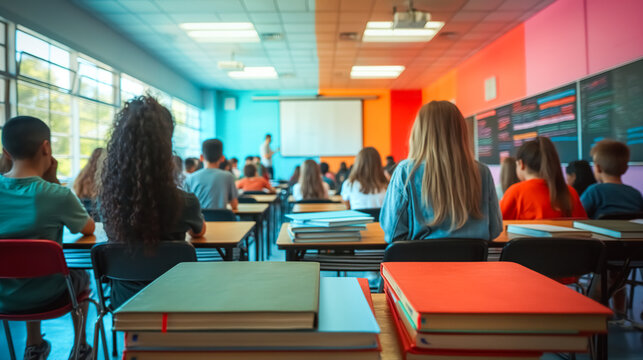 sala de aula durante uma aula, mostrando alunos concentrados estudando e o professor explicando. Esta imagem capta a din&acirc;mica e o ambiente de aprendizado em uma sala de aula