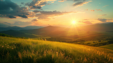 A beautiful, sunlit field with a bright yellow sun in the sky