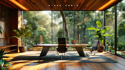 Fototapeta premium Modern Office with Wooden Table and Indoor Tree, Bright Window Views, Contemporary Business Interior
