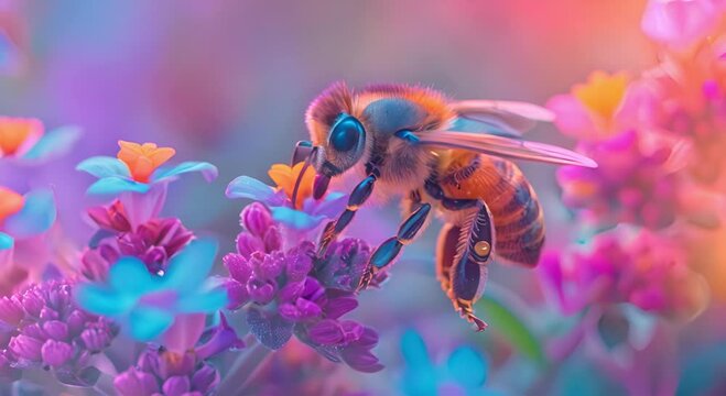 Vibrant Nature's Harmony Close-Up Photo of a Bee in Neon Colors Pollinating Beautiful Flowers in Neon Pink, Purple, and Yellow
