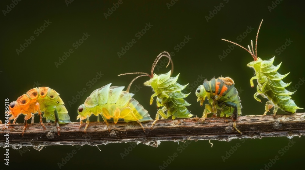 Poster a series of images depicting the different developmental stages of an insect from egg to larva pupa 