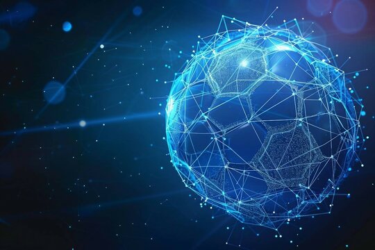 digital hologram soccer ball  with glowing data streams, ai in sports analytics, player performance tracking systems, match prediction algorithms, and training programs for soccer players.