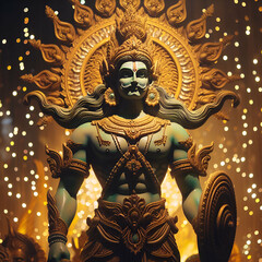 The Majestic Massive Idol Figure of a Warrior with Strong Arms and Bodybuilder Body, Demigod or Human Like Lord King God from the Hindu Indian Festival of Solar Light Glow.  Joy Love & Dancing Victory