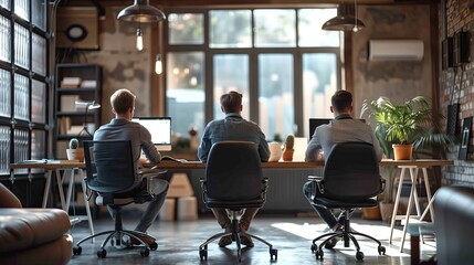 Fototapeta premium Three men sharing a room, sitting at desks in an office working on computers