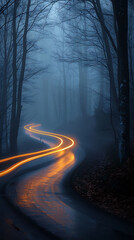 Light trails through fog or mist, realistic natural science photography, copy space
