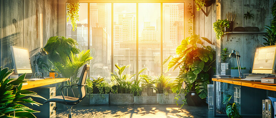 Modern Urban Office with Green Plant Decorations, Bright Sunlight Through Large Windows