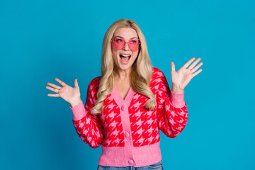 Portrait of astonished person wear knit cardigan in sunglass look at awesome sale empty space...