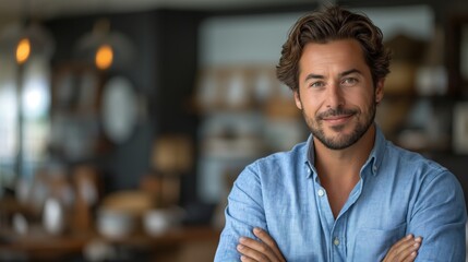 Fototapeta premium Happy young smiling confident professional business man wearing blue shirt, pretty stylish male executive looking at camera, standing arms crossed at grey background concept.