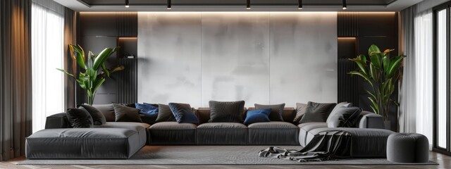 3d render. Large living room with upholstered area - gray sofa and blue pillows. Black wood furniture and panels on the wall. Gray ceiling with niches and light. Modern living room with sofa - obrazy, fototapety, plakaty