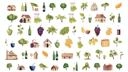 Vector image set of 50 vineyard icons on white background