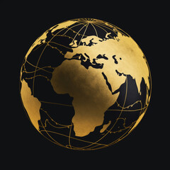 stylised illustration, of a globe, gold on black background,generative ai