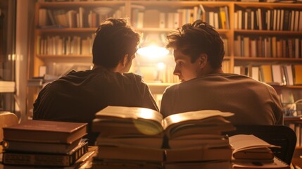 Two men sit side by side backs turned to the camera heads close together as they discuss a textbook. The warm glow of . .