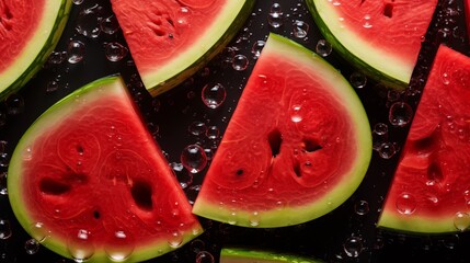 Juicy watermelon slices with seeds and water droplets on a dark background