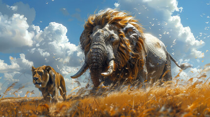 in the scene of fierce male lion attacking wildlife photographer at savanna,generative ai - obrazy, fototapety, plakaty