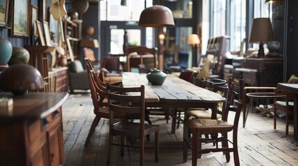 A long dining table is surrounded by mismatched chairs each one distinct and interesting in its design. The room is still unfinished but the eclectic mix of furniture hints at the . - obrazy, fototapety, plakaty