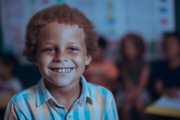 cute boy in school classroom smiling - obrazy, fototapety, plakaty
