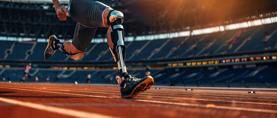 Professional runner with disability wearing prosthetic blades while running at stadium