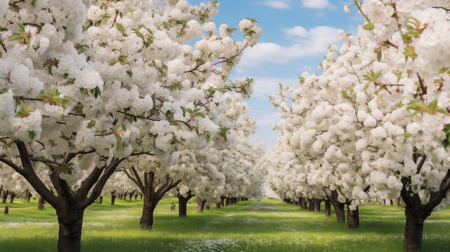 A picturesque apple orchard in full bloom with white flowers covering the trees, copy space