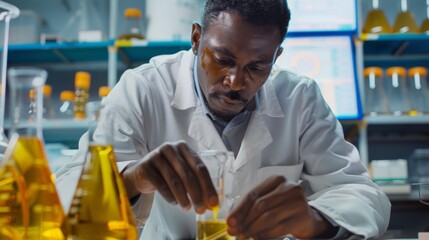 A scientist in a lab coat carefully examining a sample of Jatropha oil extracted using a new more efficient od. The background is filled with charts and diagrams highlighting the research . - obrazy, fototapety, plakaty