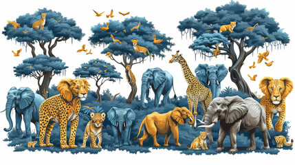 Graceful African savannah children set: Vector illustration of wild animals, ideal for fabric, clothing, packaging, bedding, and postcards.generative ai
