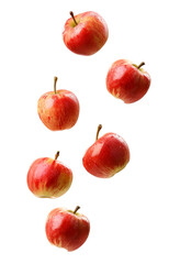 Fresh red apples falling over isolated transparent background