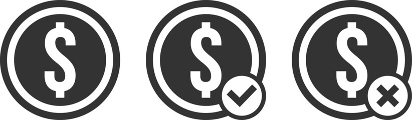 Money icon. Coin icon. Black and white coin icon set. Coin with dollar sign.