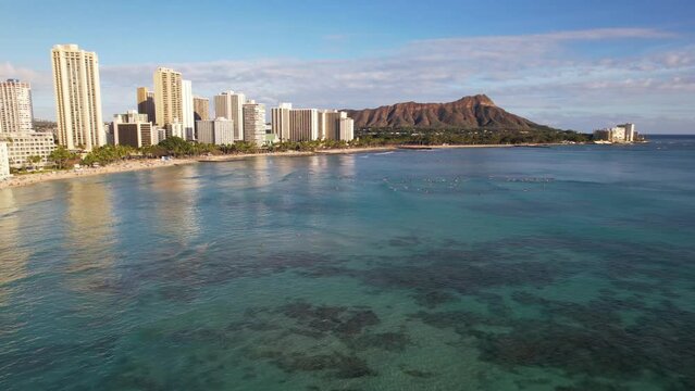 WAIKIKI - 3.19.2024 - Fantastic aerial footage panning across the ocean off the coast of Waikiki, Hawaii.