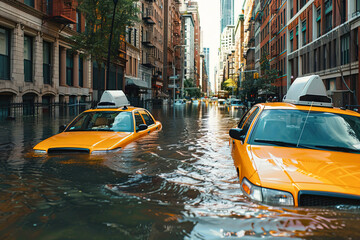 Big city street flooded due to climate change, close up of taxis submerged