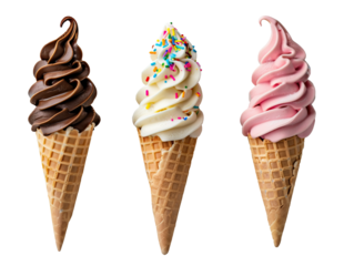 Three ice cream cones of chocolate, multicolor sprinkles and strawberry. Isolated over transparent background