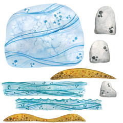 Set of sky, stones, sand, waves, sea, isolated illustration on a white background, hand drawn in watercolor. Nature, beach, sea, sand, set, stones, sky