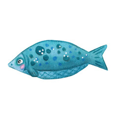 Blue fish on a white background. Watercolor, hand-drawn children's style illustration. Character, cartoon, animals, fish, sea, river, water, marine, maritime