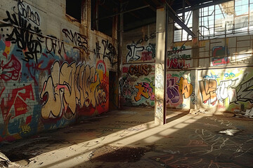 Abandoned factory with graffiti on rusty walls